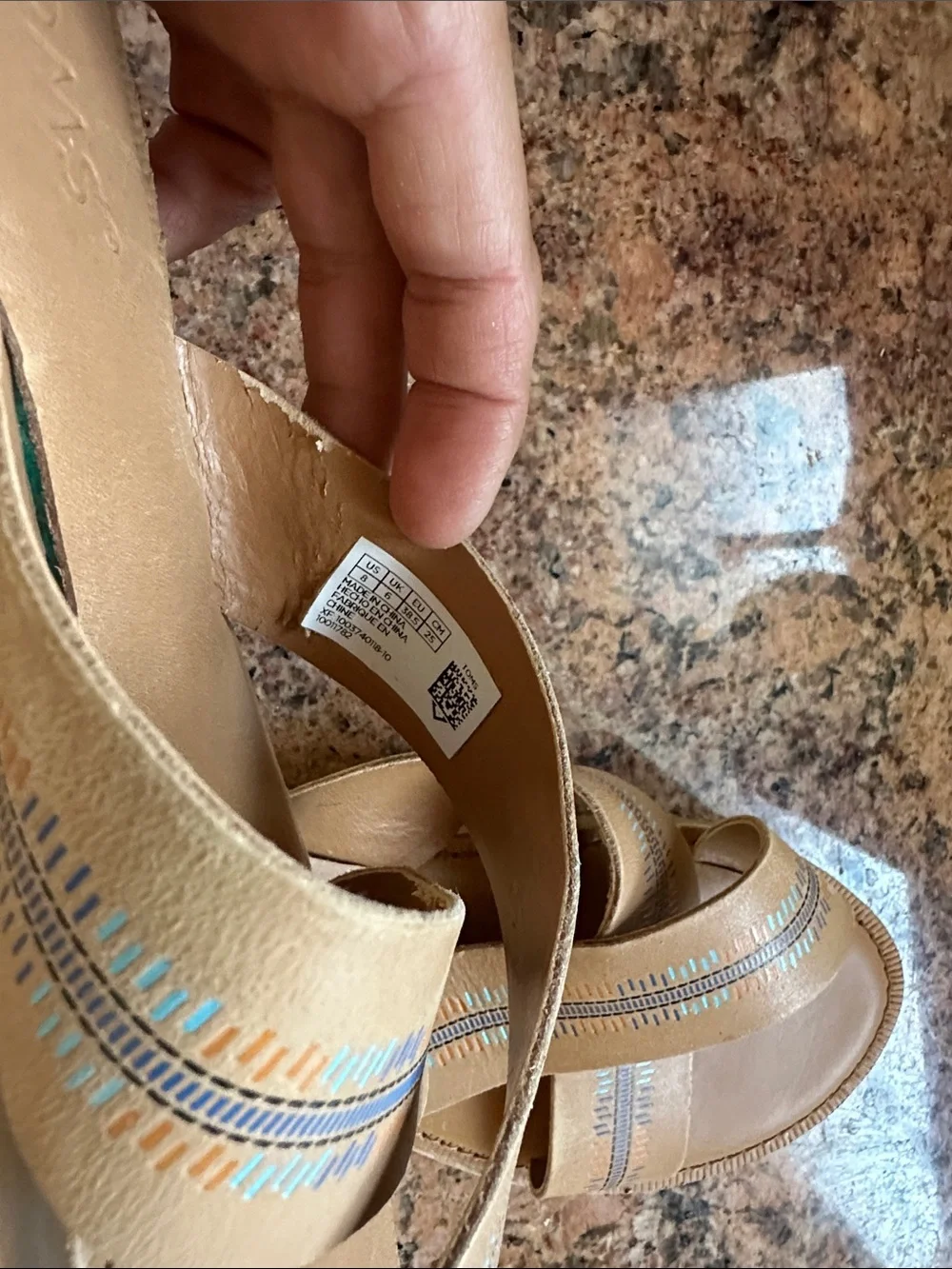 TOMS tan leather crossband slide sandals with colorful blue, aqua & orange print